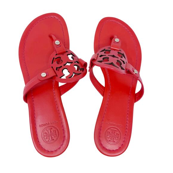 TORY BURCH Orange Red Samba Miller Logo Patent Leather Sandals Size 8.5 - Picture 5 of 11